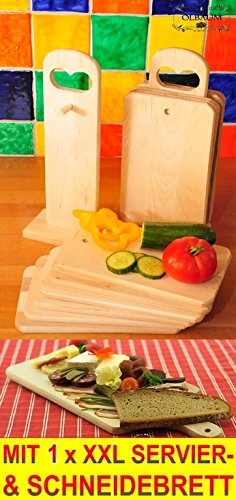 6 Stk Frühstücksbrettchen + 1 x Schneidebrett Holz, MIT STÄNDER, Holz - 8-tlg. Set, massive, hochwertige 10 mm starke Holzbrettchen natur, mit abgerundeten Kanten, Maße viereckig je ca. 22 cm x 14 cm als Bruschetta-Servierbrett, Brotzeitbrett mit Griff, Naturholz - Birke unbehandelt, Bayerisches Brotzeitbrettl,NEU Massive Schneidebretter, Anrichtebretter, Brotzeitbretter, Steakteller schinkenbrett rustikal