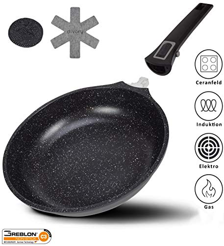 Divory Pfanne 20cm, 24cm, 28cm Abnehmbarer Griff, Induktionsgeeignet, Antihaftbeschichtung, Aluminium Antihaft Induktion Bratpfanne hoch + Pfannenschoner (Schwarz, Pfanne 24cm)