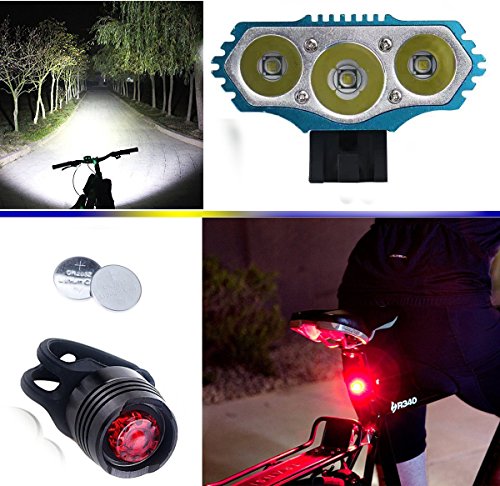 E-Fun Faro Bicicletta Anteriore LED Luce luci per Bici Bicicletta MTB,Torcia da Testa Lampada Frontale Bici Faro,(4 modalità,3 LED) 3X CREE XML Luce LED Bici & Posteriore Bicicletta