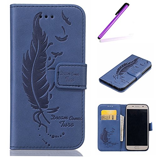 Samsung Galaxy S7 Hülle Glitzer,Samsung Galaxy S7 Hülle Leder,Samsung Galaxy S7 Case Flower Ledertasche Schutzhülle Cover Etui Tasche,EMAXELERS Galaxy S7 Cover Blumen Bunte Schmetterling Muster PU Leder Brieftasche Hülle Wallet Case Flip Cover für Samsung Galaxy S7,Bookstyle Hüllen Etui Lederhülle mit Standfunktion und Karten-Slots für Samsung Galaxy S7 (2016),Dark Blue Feather