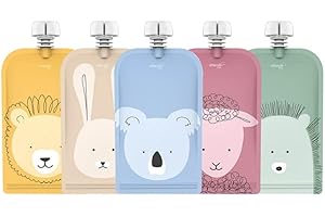 Cherub Baby Refillable Food Pouches 5 Pack 150ml Leakproof Freezer Safe BPA-Free Squeeze Bags for Toddler Baby Snacks Reusable Easy Fillable Animal Printed Pouch for Homemade Smoothies Purees Yoghurt