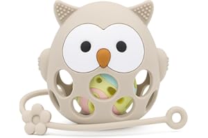 MÜVI – Mordedor bebé con sonajero y correa, texturas sensoriales para dentición, diseño que mejora coordinación mano-boca, +3 meses, silicona alimentaria, sin BPA - Baby teether (Beige)