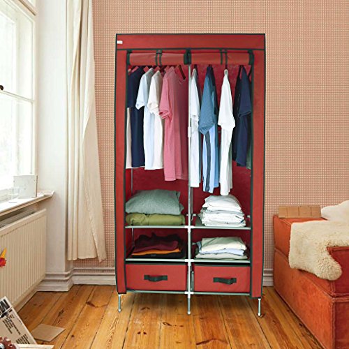 Finether Faltschrank Stoffschrank Textilschrank Faltkleiderschrank Stoffkleiderschrank Textilkleiderschrank faltbarer Kleiderschrank aus stoff mit Kleiderstange für Schlafzimmer Camping stabil 2-türig 87 x 45 x 170cm Rot - 8