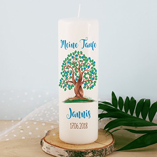 Striefchen® Taufkerze für Jungen - Motiv: Baum des Lebens - inkl. Gratis Beschriftung 250/80mm Brenndauer ca. 120 h Weiß - 2