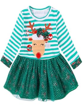 OverDose Kleinkind Kinder Baby Mädchen Deer Striped Langarm Prinzessin Kleid Weihnachten Outfits Kleidung