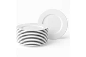 CasaSelección 12 Platos Llanos de Porcelana Blanca - Juego de 12, Diseño Redondo, 27 cm, Aptos para Lavavajillas y Microondas, Color Blanco