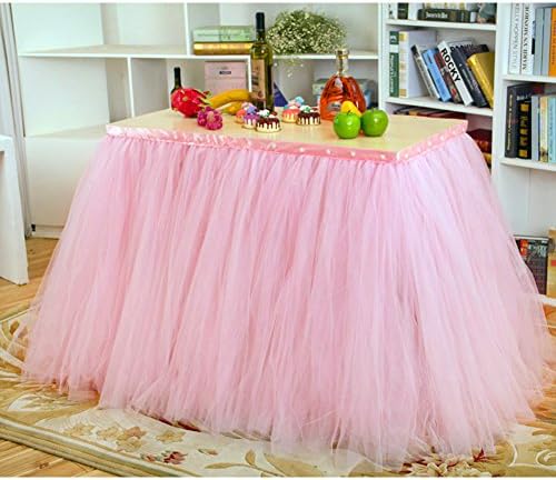 Deluxe Elegant Tulle Table Skirts with Pearls for Wedding, Birthday, Baby Shower, Meetings and Home Party Decorations - Pink(36*31inches)