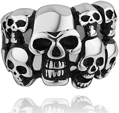 CHENGCAI Men's Classic Gothic Titanium Steel Skull Skeleton Punk Ring Silver Black Biker Band (S)