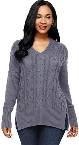 casual sweater women knit v neck long sleeve sportswear sweatshirts elasticity loose solid color pullovers tops . gray . m