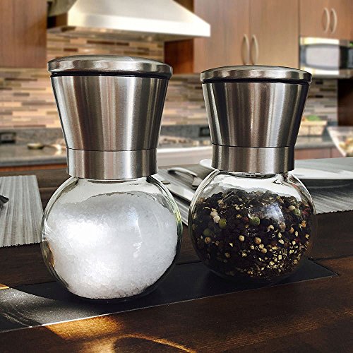 Joyoldelf Elegante Salz- und Pfeffermühlen Set – 2-teilig mit einstellbarem Keramikmahlwerk und Salzmühle – Gebürsteter Edelstahl und Glas - 3