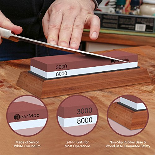 Schleifstein, BearMoo Wetzstein mit 3000/8000 Körnung für Messer, inkl. Anleitung zum Messer schärfen und Gummi-Steinhalter sowie Bambus Basis und Messer-Halter - 3