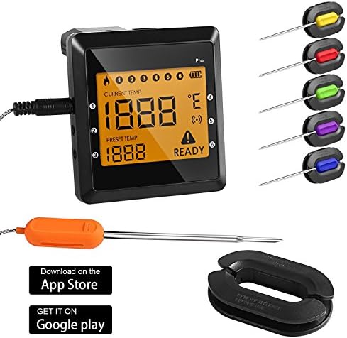 Wireless Meat Thermometer, Digital Bluetooth Cooking Food Thermometer LCD Screen with 6 Probes for Barbecue, Grill, Oven, Frying, Kitchen (Black)