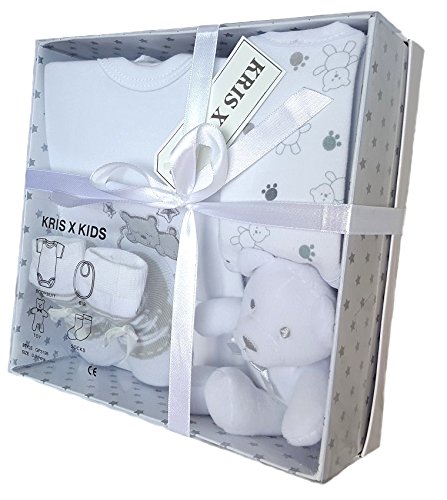 Baby Gift Set with Bodysuit, Bib, Toy, Socks in a Gift Box - Size 0-3 Months. White Teddy