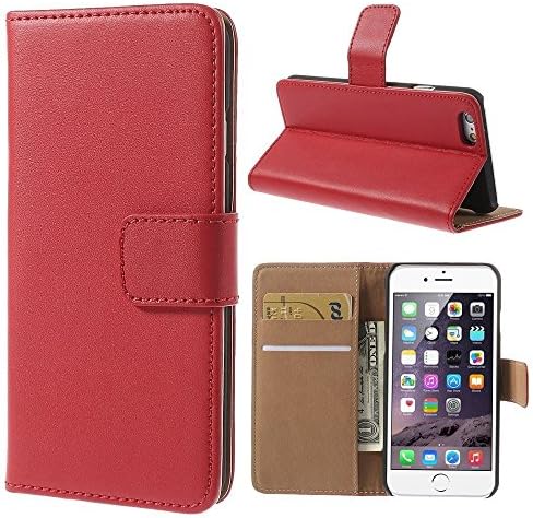 iPhone 6S/6 "PLUS" Genuine Leather Wallet Flip Case Red with Tan Interior Slim Cover Holder+2 Retina Screen Protector (iPhone 6S/6 "PLUS", Red)