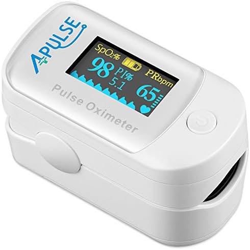Pulse Oximeter Fingertip with Alarm Function, APULSE Blood Oxygen Saturation Monitor SpO2 Oximeter with Auto-Sleep, OLED Display, Silicone Cover, Carrying Bag, Batteries &amp; Lanyard Included (White)