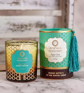 Song of India Aqua Oud Luxurious Veda Scented Candle in Brown Colored Glass Jar
