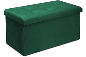 ZEMO Puff Otomano Terciopelo con Tapa 38x76x38cm - Taburete Rectagular Plegable para Almacenamiento / Reposapiés - Baúl Decorativo (Verde)