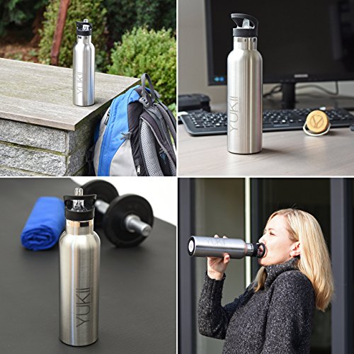 Robuste Design-Trinkflasche, Thermosflasche YUKII BAMBOO: doppelwandig, Edelstahl, 600 ml, inkl. 2 Trinkverschlüssen und gratis Bürste. Perfekt für Sport und Freizeit. - 7