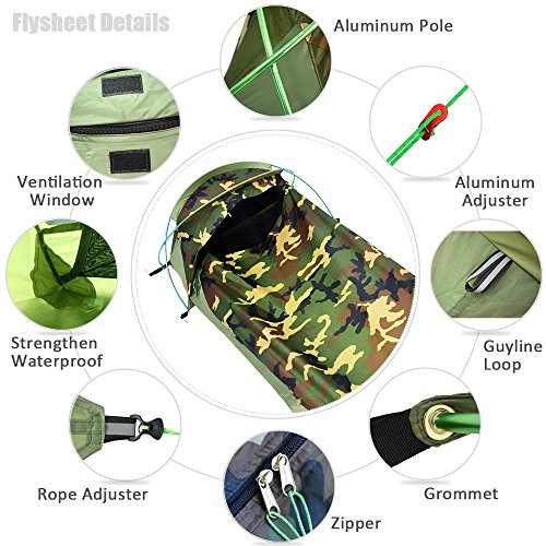GEERTOP Tienda de vivac Ultraligera e Impermeable para 1 Persona - 225 x 75 x 35 H cm (0,98 kg) - Fácil de Montar (Amarilla) (Camuflaje)