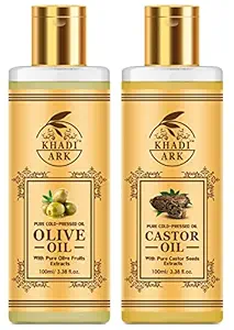 Khadi Ark Olive Oil and Castor Oil (Arandi Ka Tel & Jaitun Ka Tel) for Skin, Hair Care, Beard Growth, Nail Care & Eyelashes Growth (Combo of 2, 100 ML Each)