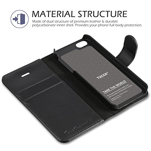 iPhone SE Case, iPhone 5S Wallet Case, TUCCH [Lifetime Warranty]Magnetic Closure Card Holders Money Pouch, Retro Leather Wallet Case Purse Protective Cover Kickstand Function Flip Folio Wallet Case for iPhone 5 / 5S / SE - Black