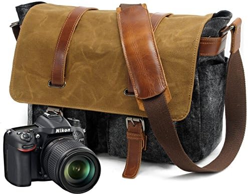 YANGYANJING Portable Waterproof Profession Canvas DSLR Digital Camera Bag Casual Shoulder Messenger Bag Travel Photography Bag with Insert &amp; iPad Magazine Pocket for Sony Canon Nikon (Dark Grey-1)