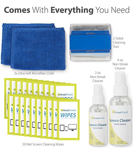 GreatShield Screen Cleaning Kit with 2 Bottles of Solution (60ml and 120ml), 2 Microfiber Cloths, 20 Non-Alcohol Screen Cleaning Wipes, and Brush for Laptops, PC monitors, Smartphones, Tablets, iPhone, iPad, LED, TVs, DSLR Cameras, Camcorders