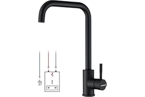 WOOHSE Niederdruck Armatur Küche Schwarz mit 3 Anschlüsse, Niederdruck Wasserhahn Küche aus Edelstahl, 360° Drehbar Niederdruck Küchenarmatur, Mischbatterie für Küche/Bad inkl. Montageset