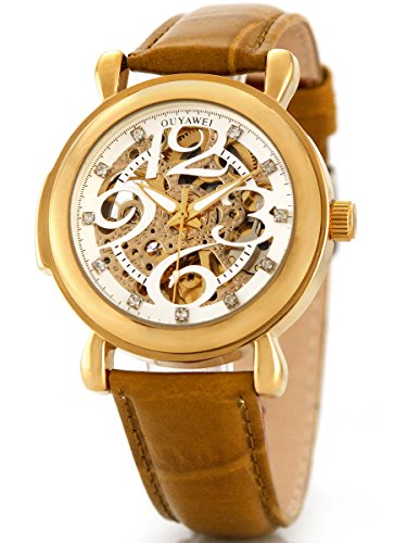 Alienwork mechanische Automatik Armbanduhr Skelett Automatikuhr Uhr weiss braun Leder OS.OYW1314-02 Alienwork mechanische Automatik Armbanduhr Skelett Automatikuhr Uhr weiss braun Leder OS.OYW1314-02