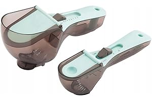 GADIRIA Zestaw 2 regulowanych łyżek pomiarowych. Idealny do pomiaru płynnych lub suchych składników. Duża oszczędność miejsca. Łyżki dozujące z miarkami na łyżki, szklanki, mililitry i uncje. Gadżet.