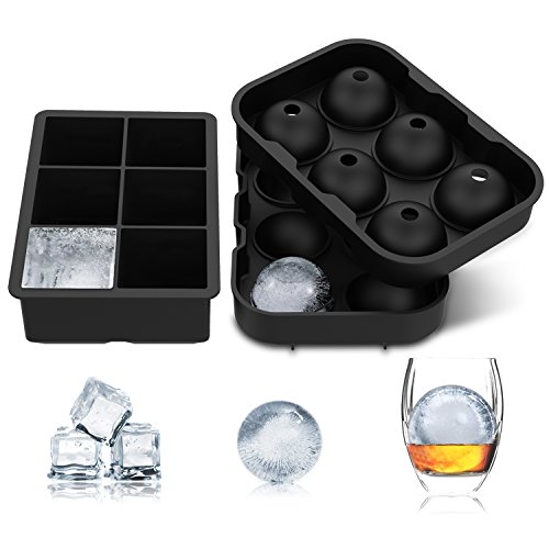 Eiswürfelform Eiskugelform 6-Fach im 2 Sätze Silikon Eiswürfel Kugelförmige und Würfelförmige Form Big Size Ice Ball für Kinder mit Pudding Milch Saft oder für Erwachsene mit Biere Cocktails Whisky 100% BPA Geruchlos Eiswürfel Silikonforme