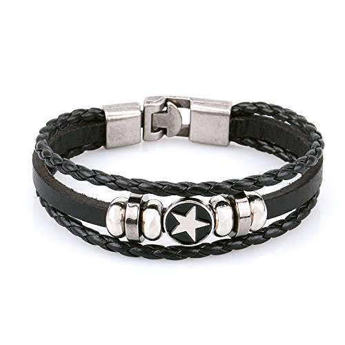 Pridot Freundschaft Bänder Accessoires Schwarz Unisex Leder Armband Stern Perlen Armreif Tribal Cuff mit Retro Legierung Haken