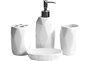 PRODBUY HOME 4 Piece Geometric Bathroom Sink Accessories Set Lotion Dispenser Soap Holder Tumbler (White)
