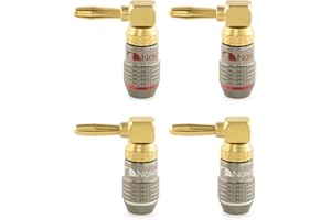 Nakamichi FanLock 24K Enchufe de ángulo Recto 90 Grados Banana Chapado en Oro 10 AWG - 18 AWG Calibre 4 mm para Altavoces Amplificador Teatro en Casa Cable de Audio Conector, 4 Piezas (2 pares)