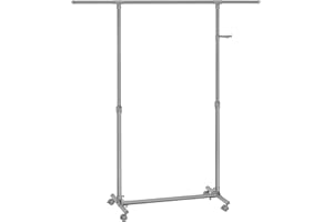 SONGMICS Stand Appendiabiti con Ruote, Attaccapanni, Altezza Regolabile 97-165 cm, Barra Estensibile, Ganci Laterali per Accessori, Grigio Tortora LLR001G01