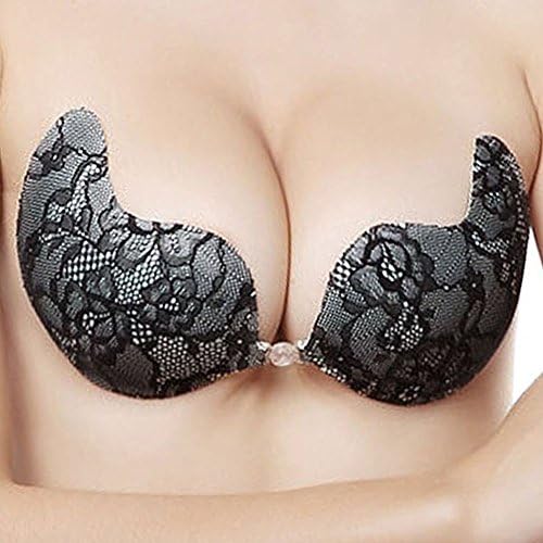 Woboren Womens Ladies Sexy Reusable Invisible Magic Strapless Self Adhesive Push-up Bra Stick On Gel Backless Silicone Bras Black with Lace D