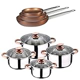 Completa tu menaje con este set de 3 sartenes fabricadas en aluminio prensado, ligeras y resistentes, en color cobre.