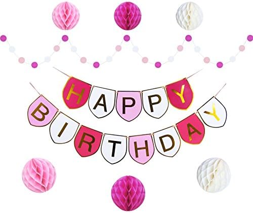 Happy Birthday Decorations Banner Bunting with 6 Pack Paper Honeycomb balls and 4M Paper Garland for Party