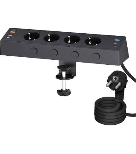 Multiprise De Bureau HANNELORE à Pincer - Aluminium, 3 Prises, 2 USB-C GaN 65W, Câble 3m