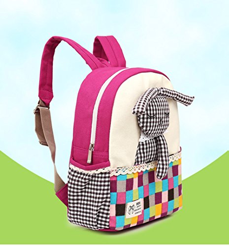 Moolecole Cartoon 3D Rabbit Doll Kids Kindergarten Backpack Canvas Toddler Girls Nursery School Bag Bookbag Rose Red
