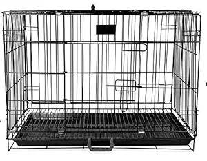 PSK PET MART Dog Cage - Powder Coated, Double Door Folding Metal Cage/Crate/Kennel with Removable Tray and Paw Protector for Dogs, Cats and Rabbits - 24 Inch - Black (L-24, W-17, H-20 INCH)