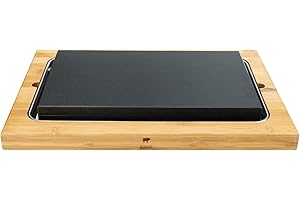 BEEFSTONE Tabla de carne de piedra de lava XXL, tabla de bambú, soporte de acero inoxidable, para asar carne, pescado y verduras sobre piedra caliente, talla XXL