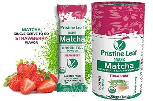 Pristine Leaf | Organic Matcha Green Tea Powder | Strawberry Flavored | 12 Single Serving Packs of 2.5g | Pure Natural | No Sugar | No Fillers | Calorie Free | Vegan | Gluten Free | USDA Organic