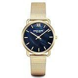 Eastside Damenuhr Pearl gelbgold Milanaiseband Edelstal mit Zifferblatt Perlmutt blau 3 ATM - Quarzuhr mit Edelstahl-Armband milanais Ziffernblatt dunkelblau