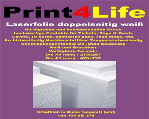 10 Blatt DIN A3 185g /m² REIßFESTE Farblaser - Laserdrucker + Kopierer matte Präsentationsfolie doppelseitig 150my WEIß DuraCopy
