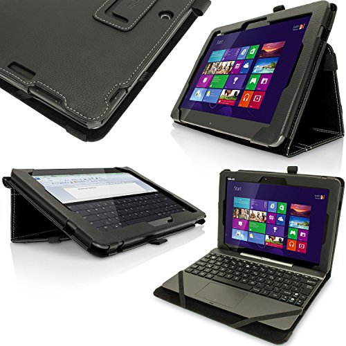 igadgitz Schwarz PU Ledertasche Hülle Folie für Asus Transformer Pad TF103C 10,1 Zoll mit Multi-Winkel Betrachtungs + Stylus-Stift Elastischen Halter + Displayschutzfolie