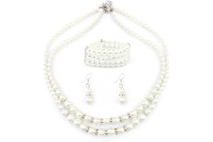 Luckious Vintage Pearl Jewelry Set Necklace Earrings Bracelet Set - High-End Design, Three-Piece Ensemble Gift for Women Girls