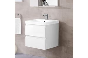 NRG 600mm Gloss White Modern Bathroom Wall Hung Vanity Basin Sink Unit Storage Cabinet 2 Drawer