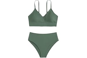 SOLU DAY8 Maillot De Bain 2 Pièces Ado Fille 8-16 Ans Ensemble Maillot De Bain Enfant Fille Camisole Débardeur + Tanga Taille Haute Bikini Fille Chic Pas Cher Plage Piscine Natation Sport