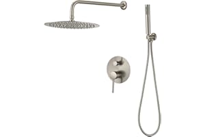 VALAZ Ducha Empotrada Acero Cepillado | Ducha Monomando 2 Vías, Rociador Efecto Lluvia | Instalación en Pared Fácil y Rápida | Inoxidable, Redonda, Rociador 25 cm, Serie Jucar